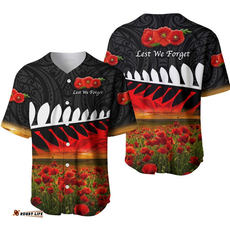 New Zealand Maori ANZAC Baseball Jersey Shirt Poppy Vibes Black