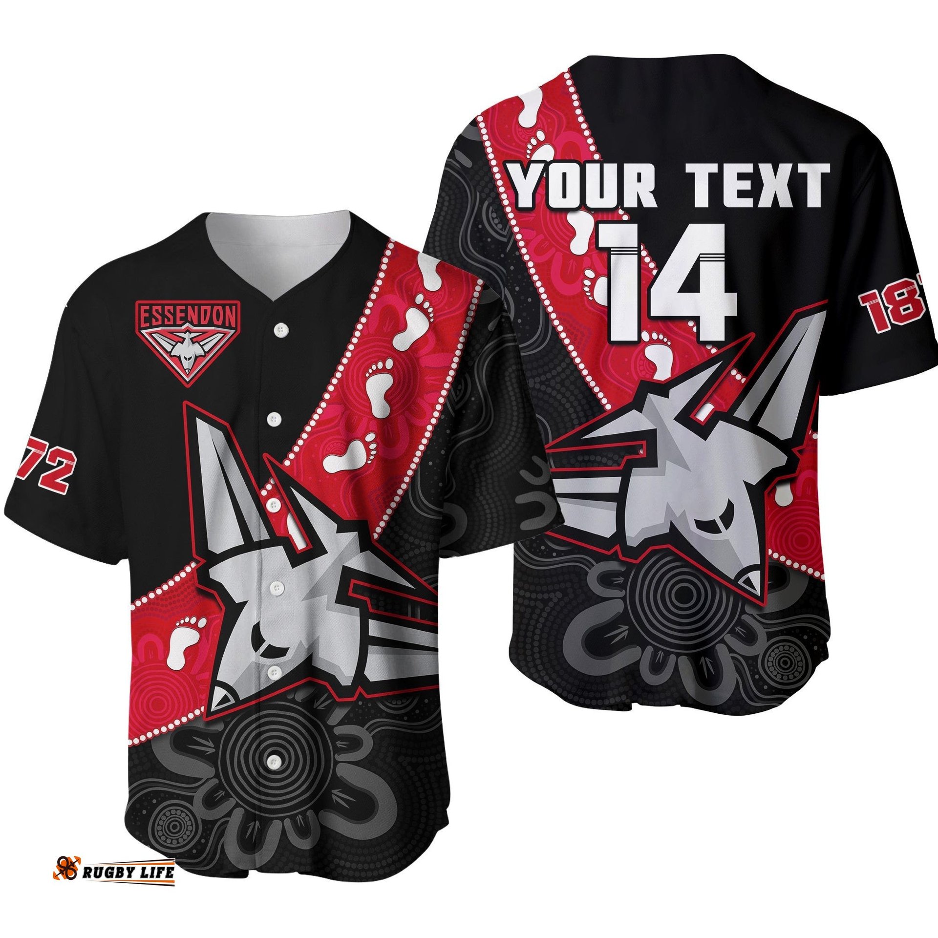 Custom Text And Number Essendon Football Baseball Jersey Shirt Go Bombers 1872 Aboriginal Art