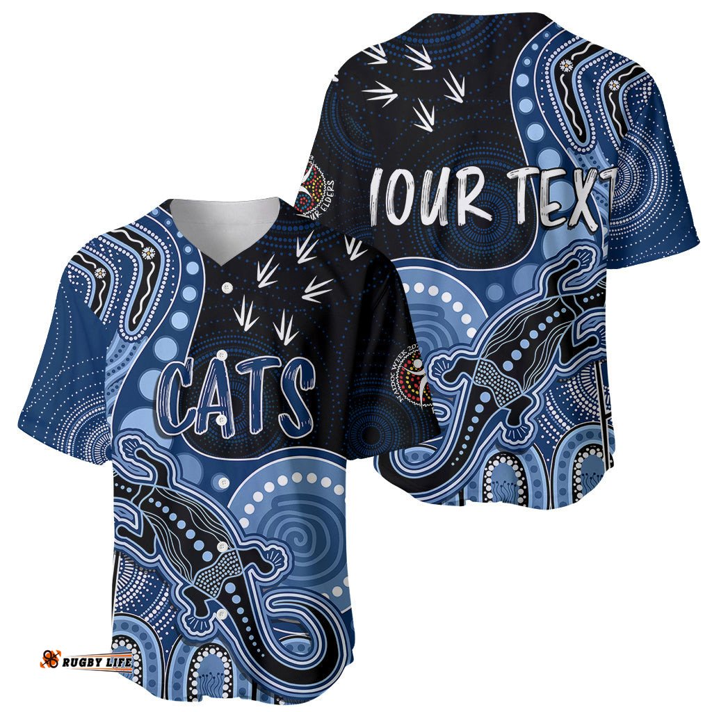 Personalised NAIDOC Week AFL Cats Baseball Jersey Shirt Aboriginal Dot Art Lizard Mix Boomerang