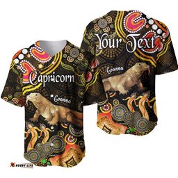 Custom Personalised Australian Astrology Baseball Jersey Shirt Capricorn Goanna Zodiac Aboriginal Vibes Gold