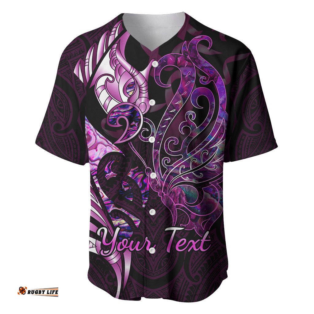 Personalised New Zealand Breast Cancer Baseball Jersey Shirt Fight Like A Girl Pink Manaia Fern With Paua Shell