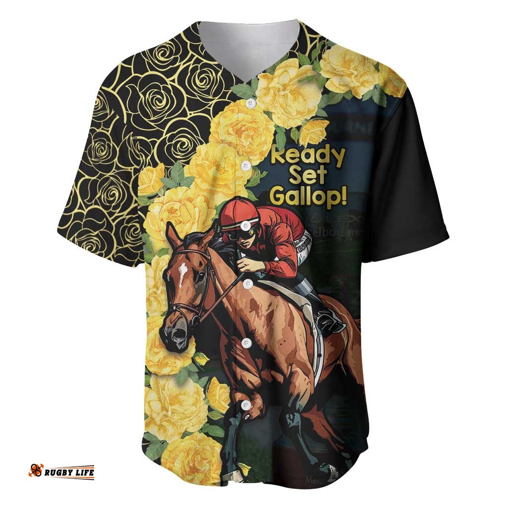 Melbourne Horse Racing Baseball Jersey Shirt Yellow Roses Ready Set Gallop!