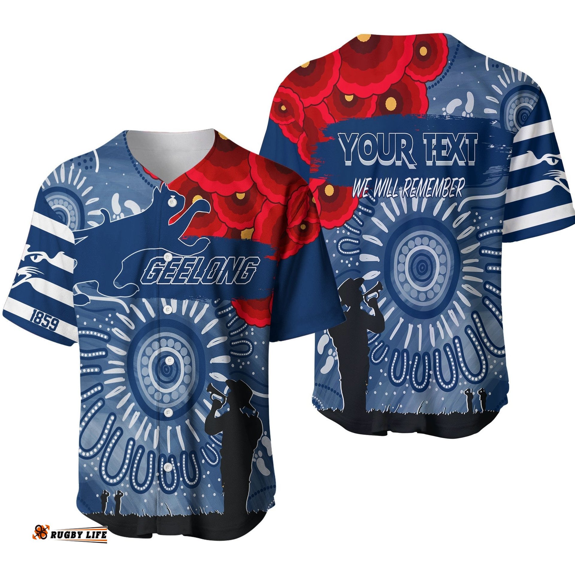 Custom Personalised Geelong Cats Indigenous Anzac Day Baseball Jersey Shirt We Will Remember