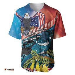 Personalised United States And New Zealand Baseball Jersey Shirt USA Eagle With Kowhai Aotearoa Tui Bird