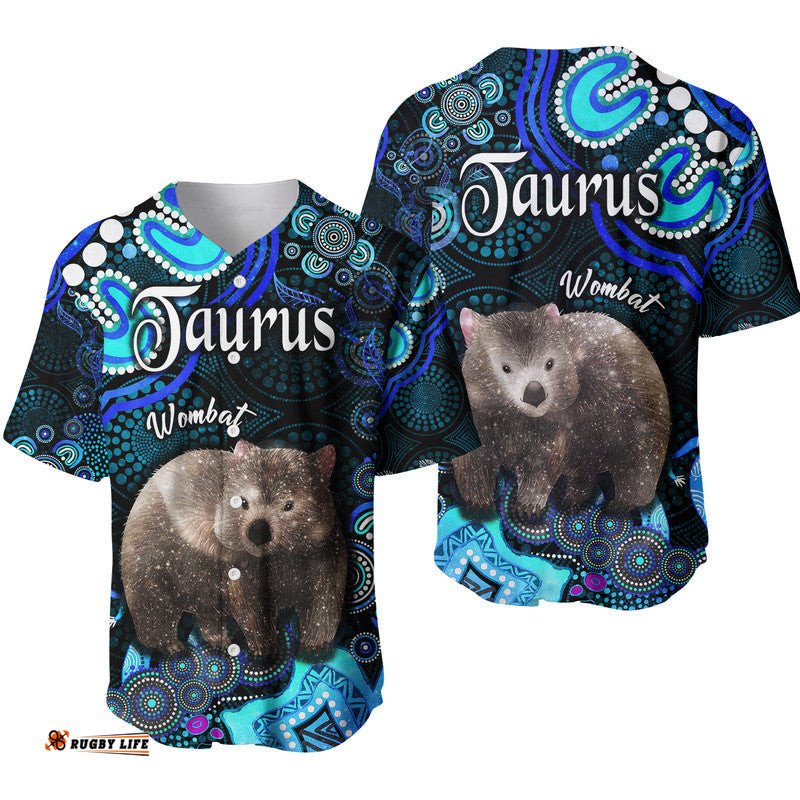 Australian Astrology Baseball Jersey Shirt Taurus Wombat Zodiac Aboriginal Vibes Blue
