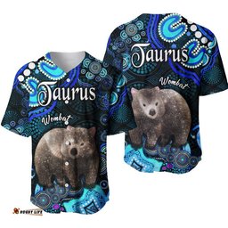 Australian Astrology Baseball Jersey Shirt Taurus Wombat Zodiac Aboriginal Vibes Blue