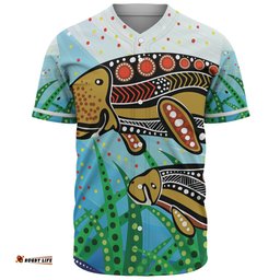 Australia Aboriginal Baseball Shirt - Dugong Aboriginal Artwork With Mother And Baby
 Baseball Shirt