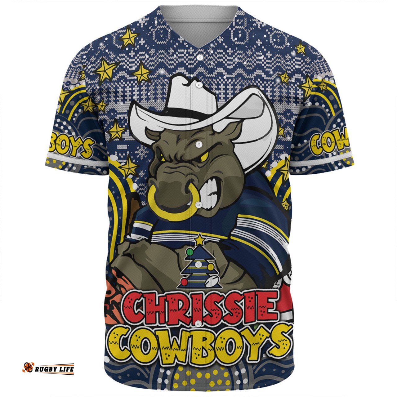 North Queensland Cowboys Christmas Custom Baseball Shirt - Christmas Knit Patterns Vintage Jersey Ugly Baseball Shirt