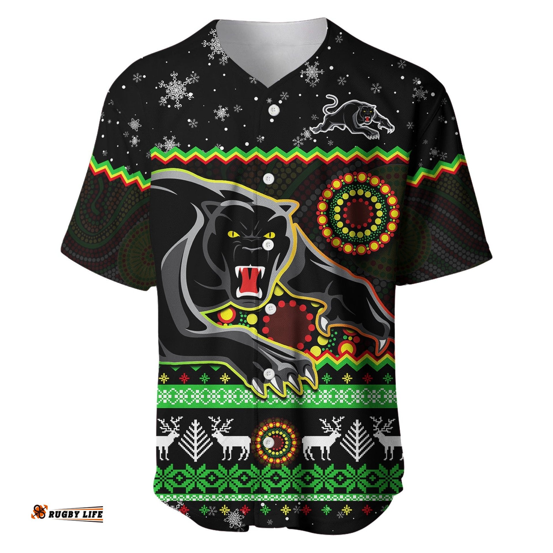Panthers Christmas Baseball Jersey Shirt Aboriginal Pattern Penrith Black Version