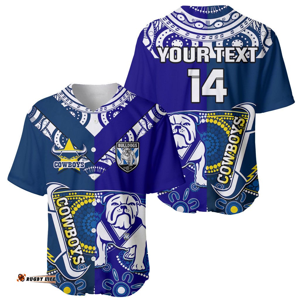 Custom Text And Number Bulldogs And Cowboys Rugby Baseball Jersey Shirt Together Indigenous 09