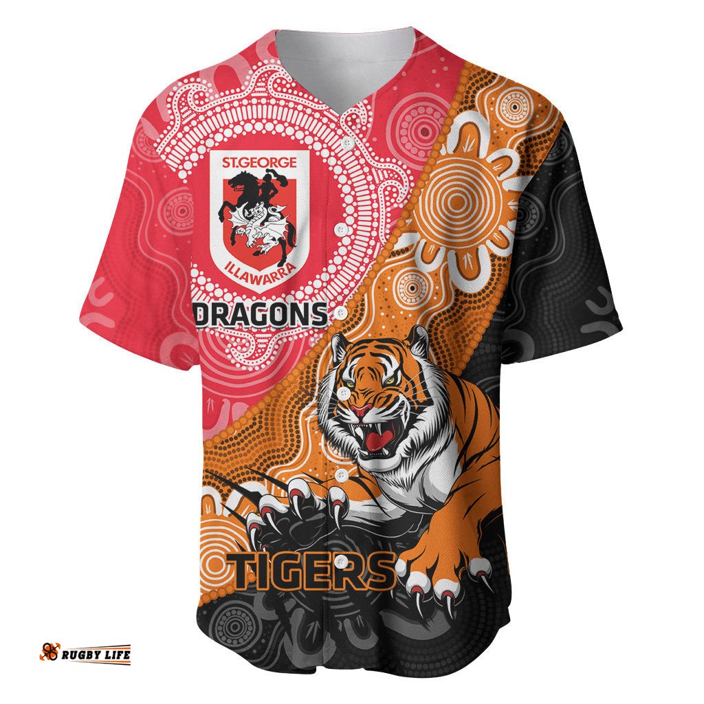 Personalised Dragons And Tigers Rugby Baseball Jersey Shirt Aboriginal Art