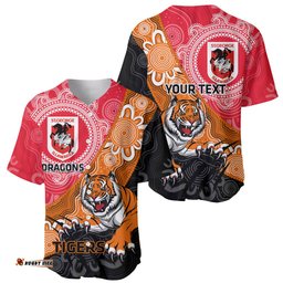 Personalised Dragons And Tigers Rugby Baseball Jersey Shirt Aboriginal Art