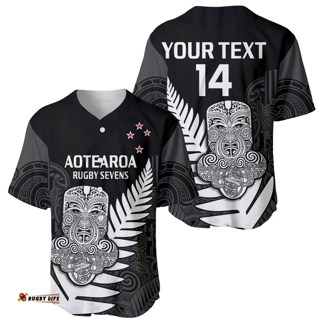 Custom Text And Number Aotearoa Rugby Sevens All Black Tiki Fern Baseball Jersey Shirt