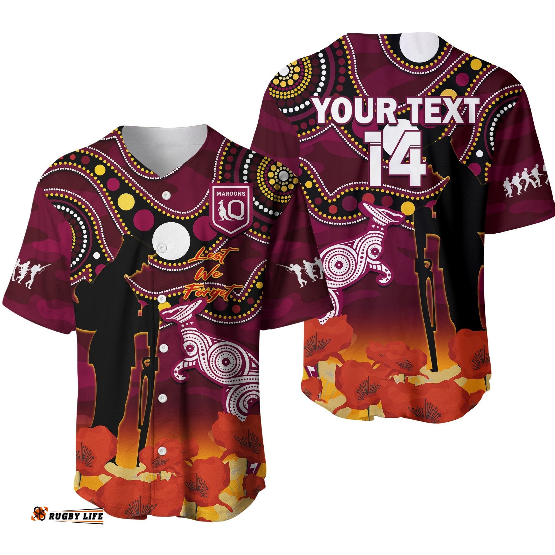 Custom Text And Number Maroons Rugby ANZAC Baseball Jersey Shirt QLD Aboriginal Mix Poppy Camouflage Ver.01