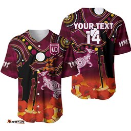 Custom Text And Number Maroons Rugby ANZAC Baseball Jersey Shirt QLD Aboriginal Mix Poppy Camouflage Ver.01