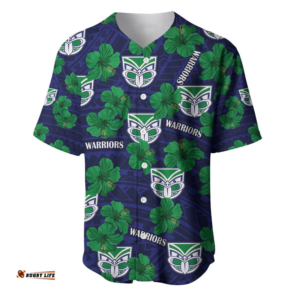 Custom Text And Number New Zealand Warriors Rugby Baseball Jersey Shirt Polynesian Style With Hibiscus