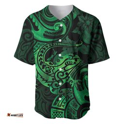 New Zealand Tuatara Baseball Jersey Shirt Aotearoa Maori Clematis Flowers Green