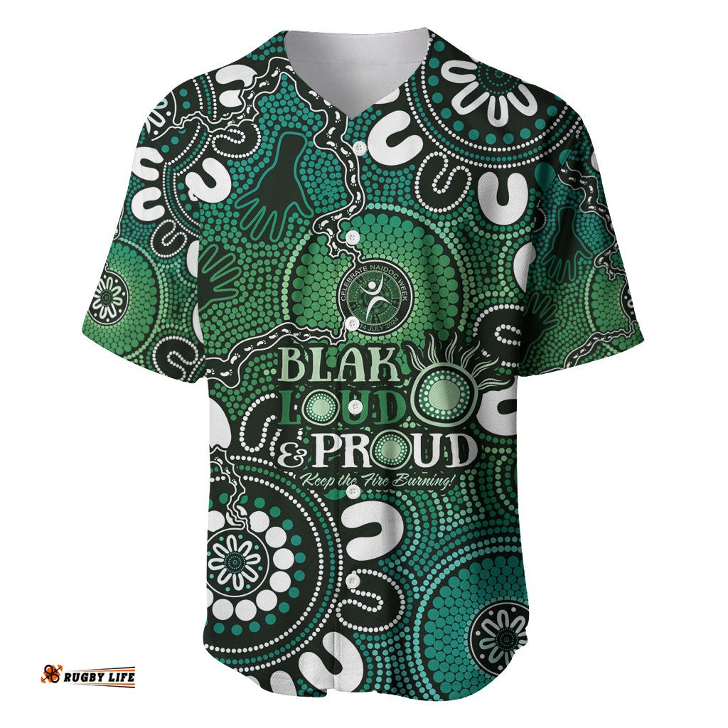 NAIDOC Week 2024 Fire Burning Baseball Jersey Shirt Aboriginal Dots Green Art