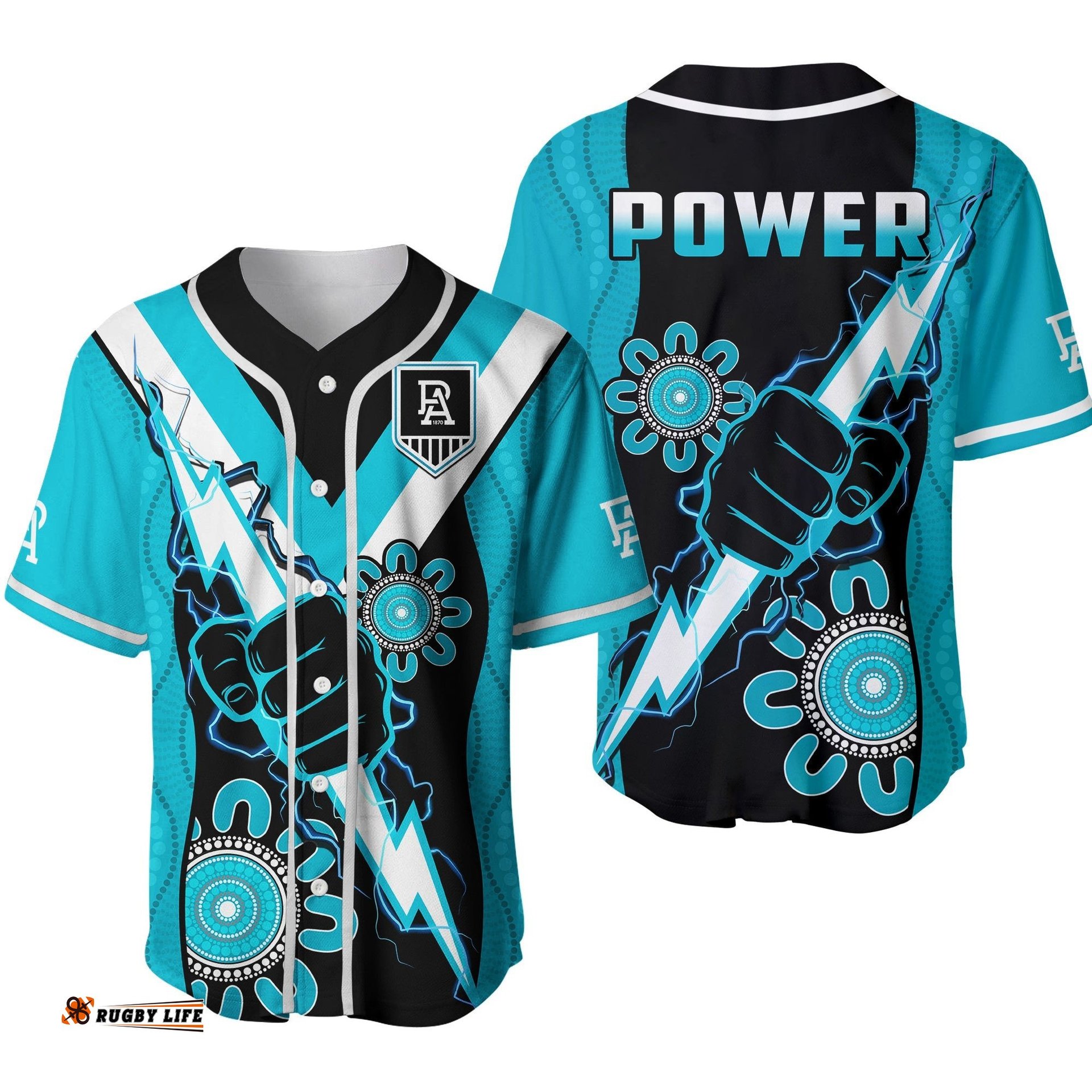 Port Adelaide Football Baseball Jersey Shirt Power Thunder Hand Mix Aboriginal Dynamic Ver.02