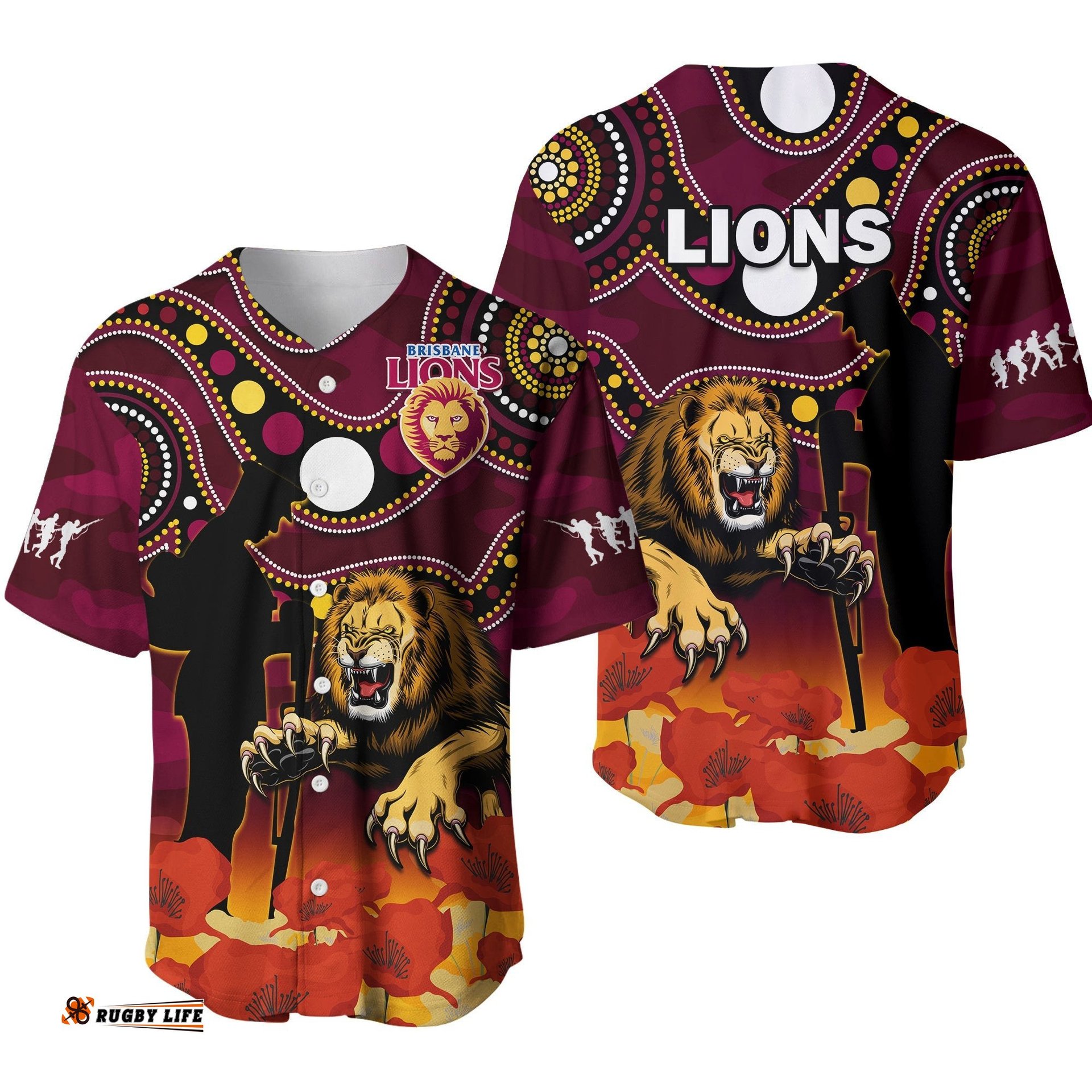 Brisbane Lions Football ANZAC Baseball Jersey Shirt Aboriginal Mix Poppy Camouflage Ver.01
