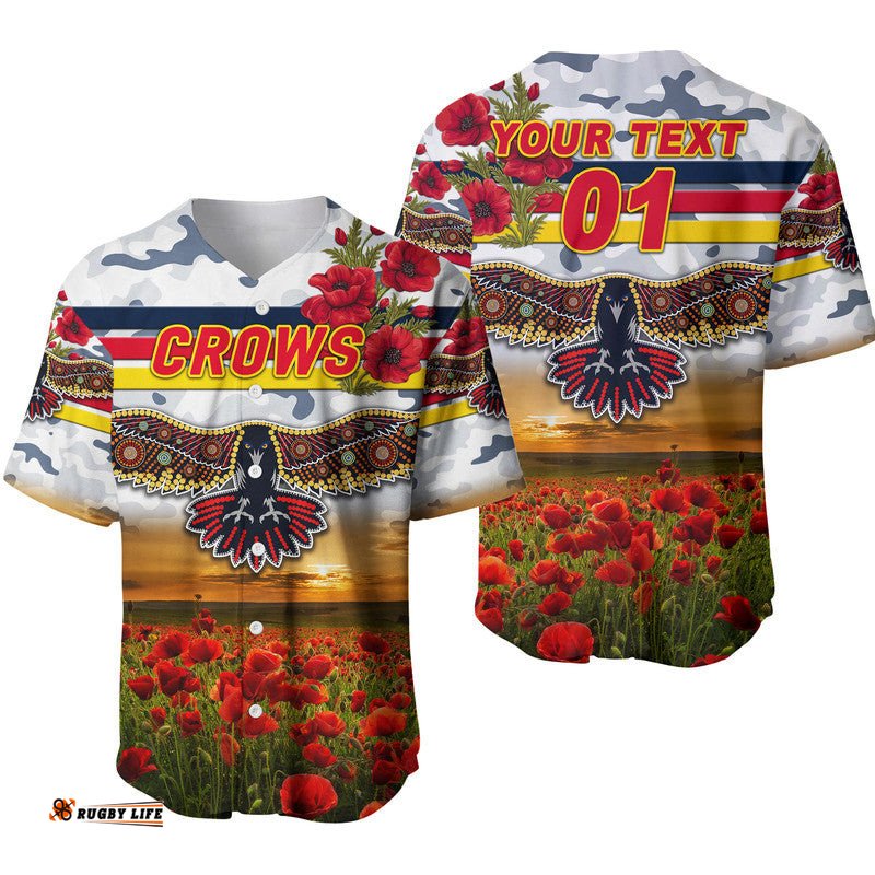 Custom Personalised Adelaide Crows ANZAC Baseball Jersey Shirt Poppy Vibes White