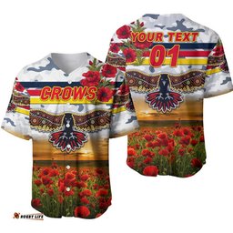 Custom Personalised Adelaide Crows ANZAC Baseball Jersey Shirt Poppy Vibes White