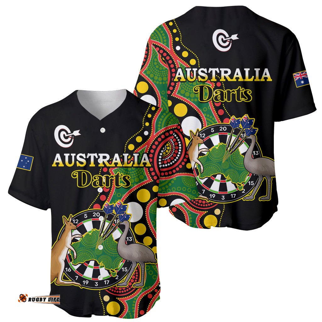 Australia Darts Indigenous Art Mix Kangaroo And Emu Baseball Jersey Shirt
