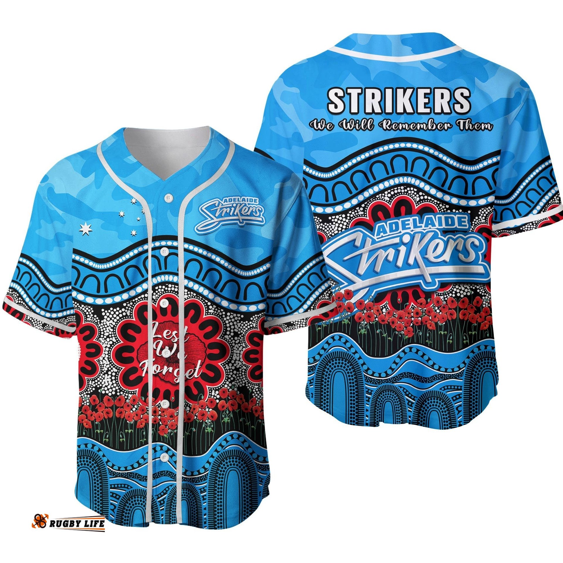 Adelaide Strikers Cricket ANZAC Baseball Jersey Shirt Poppy Aboriginal Camouflage Ver.02