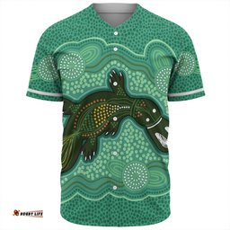 Australia Aboriginal Baseball Shirt - Green Platypus Aboriginal Art Inspired Baseball Shirt