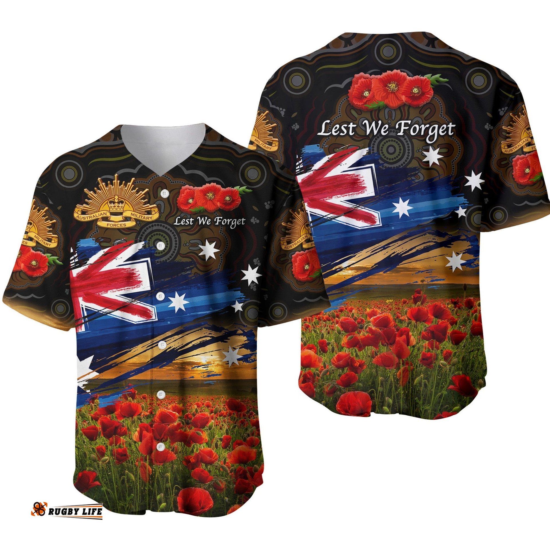 Australia Aboriginal ANZAC Baseball Jersey Shirt Poppy Vibes Black