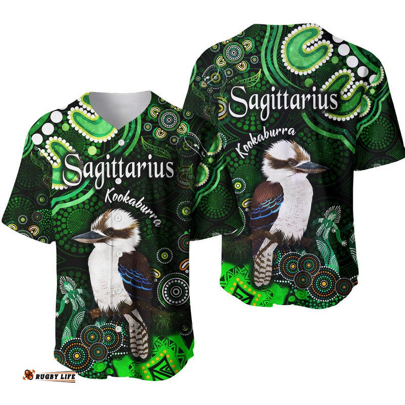 Australian Astrology Baseball Jersey Shirt Sagittarius Kookaburra Zodiac Aboriginal Vibes Green