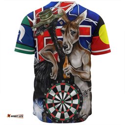 Australia Sport Darts Custom Baseball Shirt - Dart Board And Australia Flag Patterns With Kangaroo Drinking Art Baseball Shirt