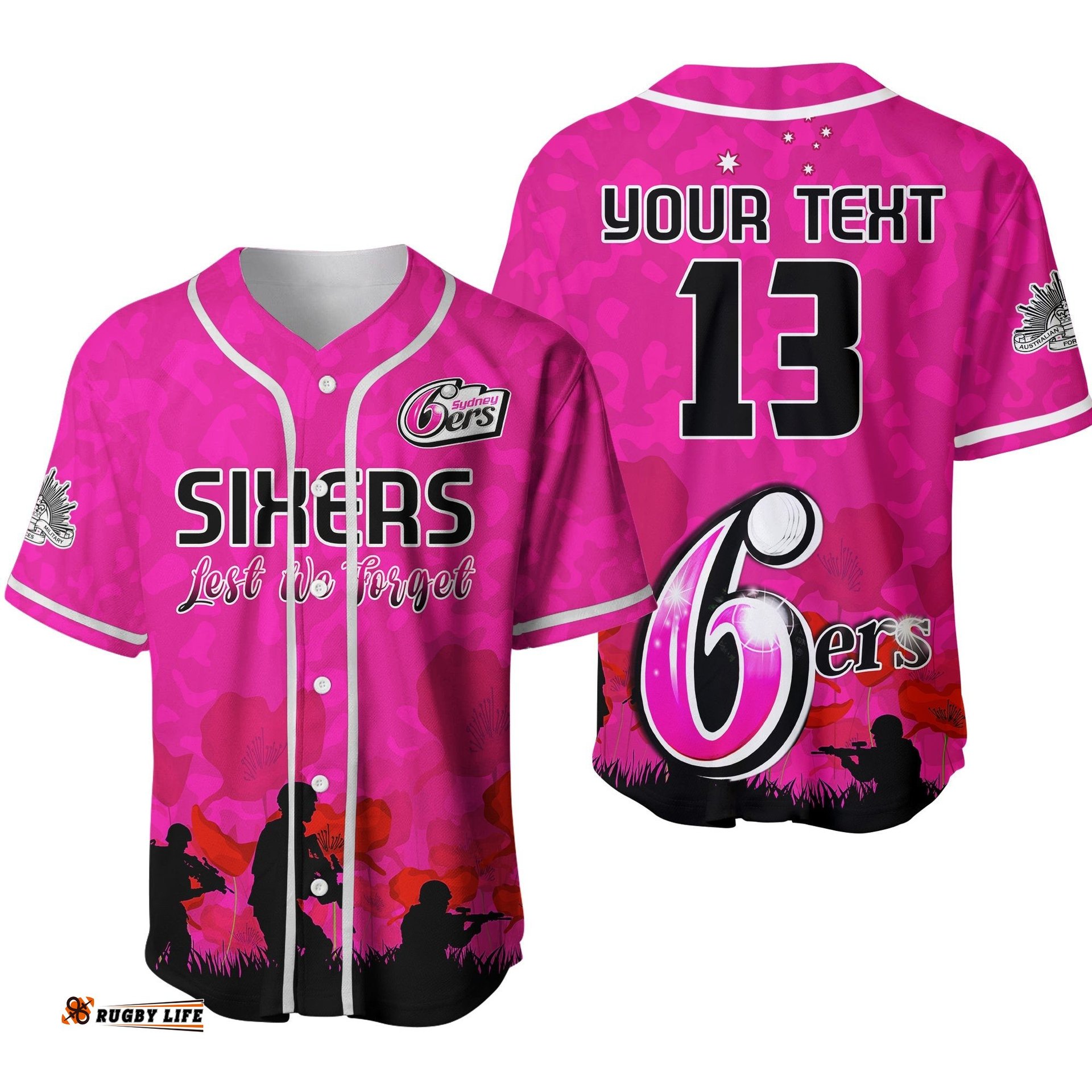 Custom Text and Number Sydney Sixers Cricket Baseball Jersey Shirt Anzac Day Camouflage Poppy Lest We Forget Ver.02