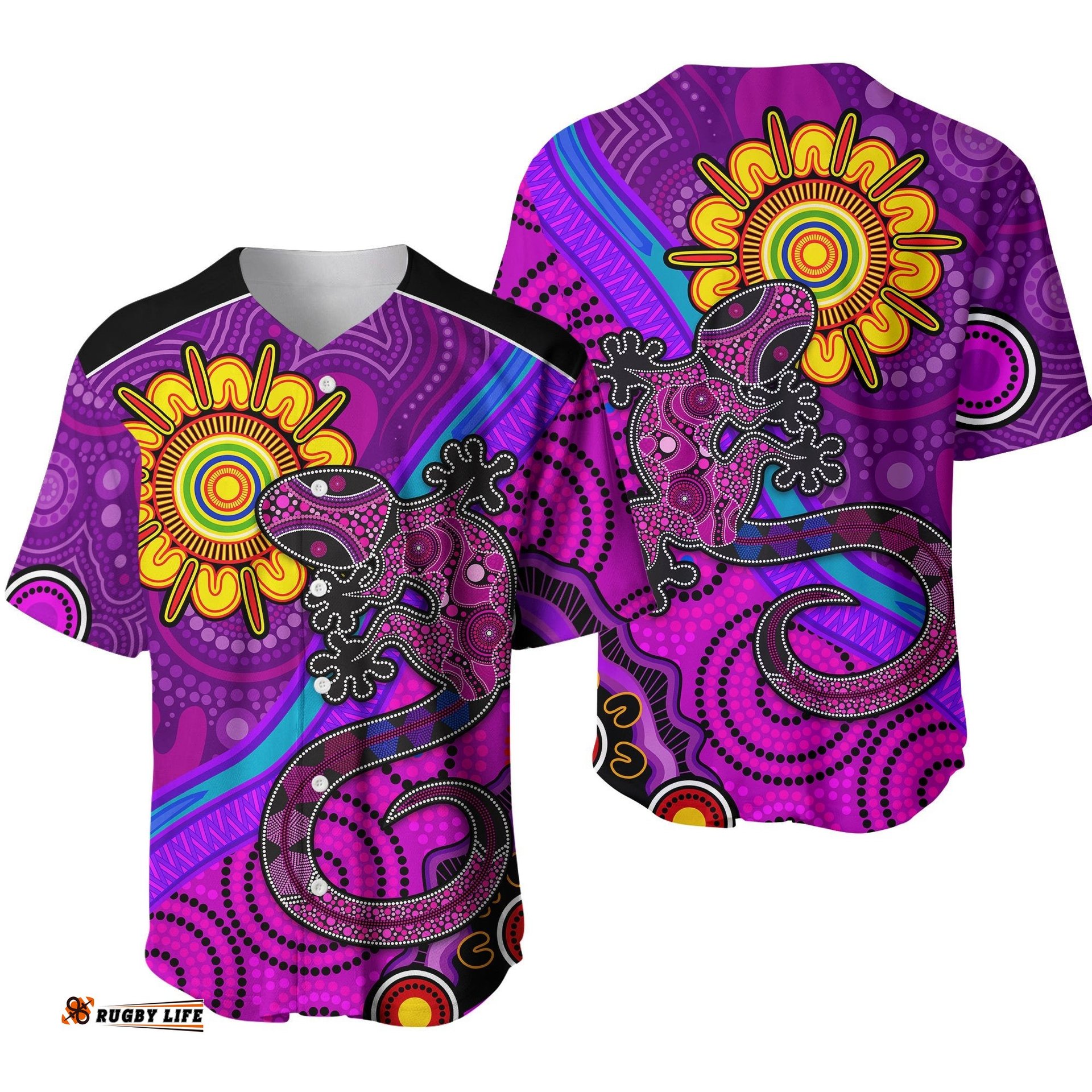 Australia Lizard and Sun Baseball Jersey Shirt Aboriginal Art Purple