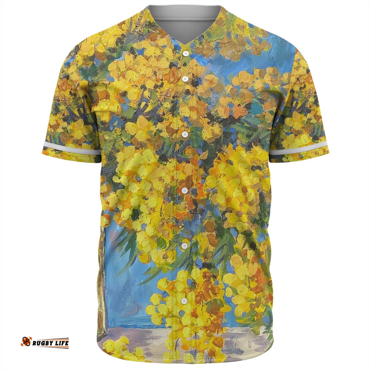 Australia Golden Wattle Baseball Shirt - Golden Wattle Bouquet Blue Background Oil Painting Art  Baseball Shirt