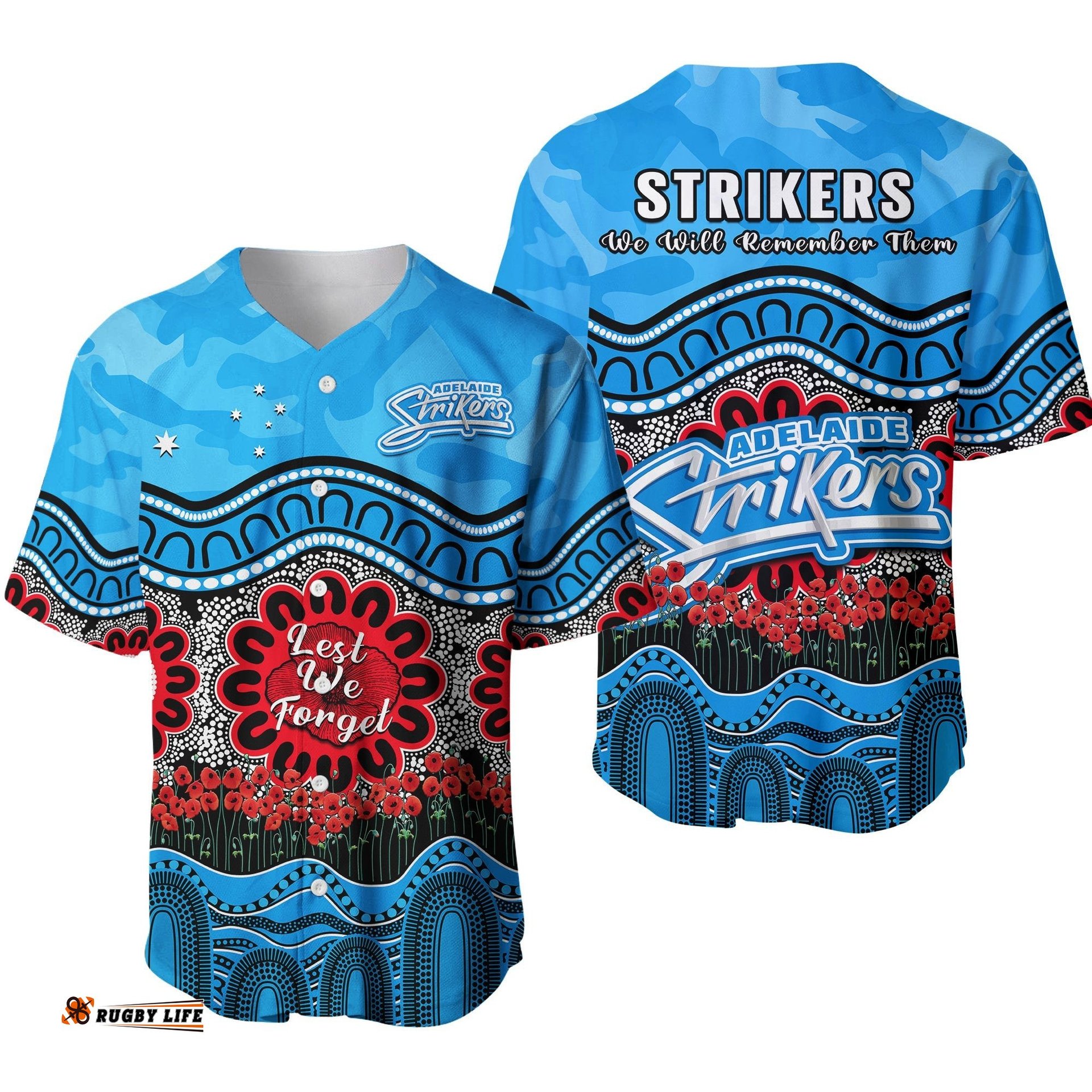 Adelaide Strikers Cricket ANZAC Baseball Jersey Shirt Poppy Aboriginal Camouflage Ver.01