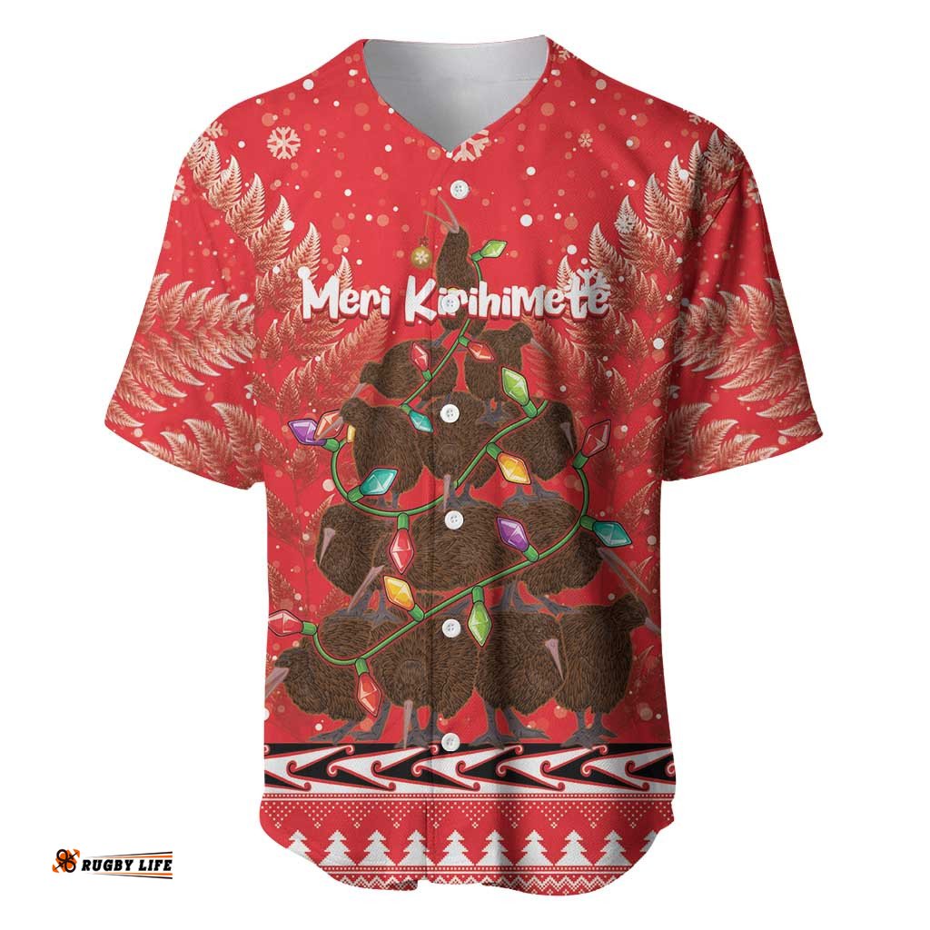 Kiwi New Zealand Christmas Baseball Jersey Shirt Meri Kirihimete Silver Fern Red Color