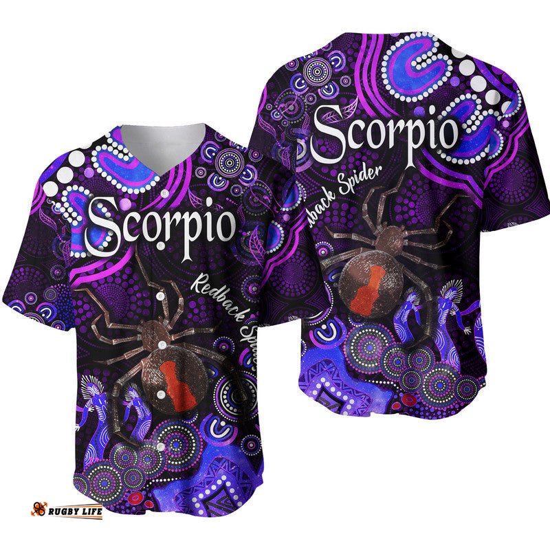 Australian Astrology Baseball Jersey Shirt Scorpio Redback Spider Zodiac Aboriginal Vibes Purple