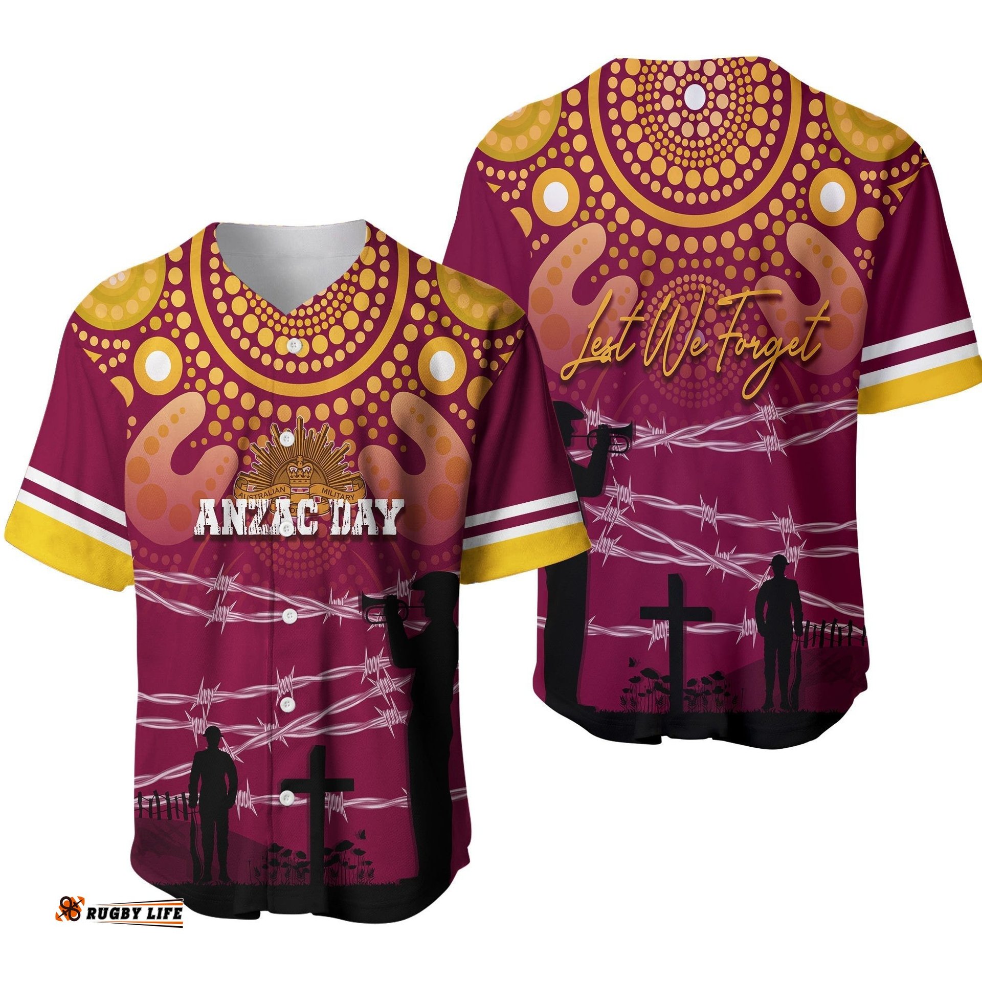 Broncos Rugby Baseball Jersey Shirt Anzac Day Barb Wire Style