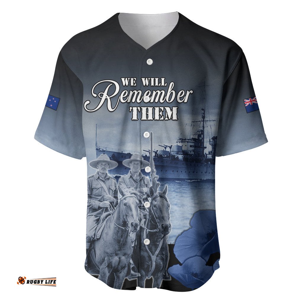 New Zealand ANZAC Day Baseball Jersey Shirt HMNZS Achilles We Will Remember Them
