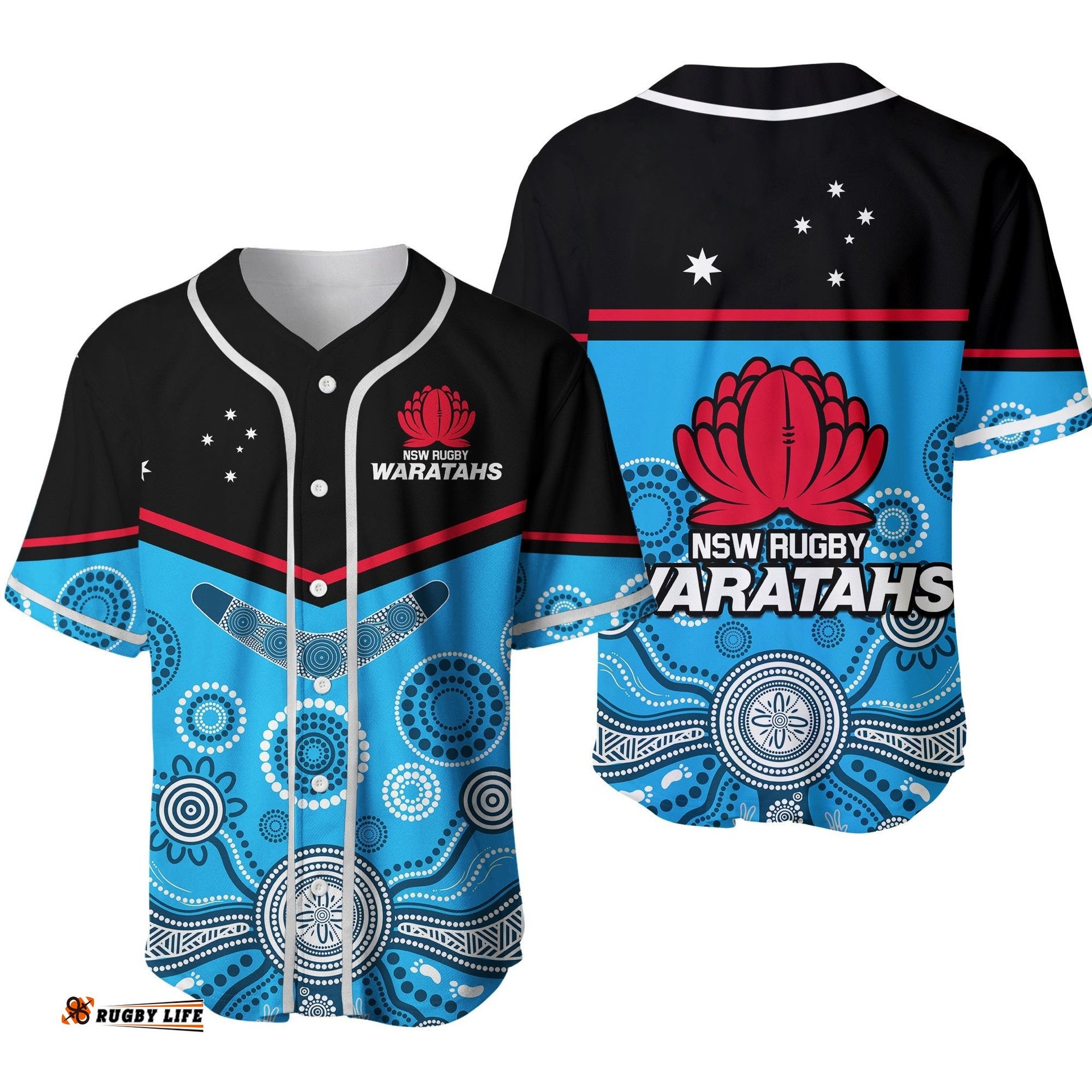 Waratahs Super Rugby Baseball Jersey Shirt NSW Tahs Indigenous Art Ver.02