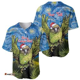 Personalised Jumping Kakapo Christmas Baseball Jersey Shirt New Zealand Fern Starry Night Style