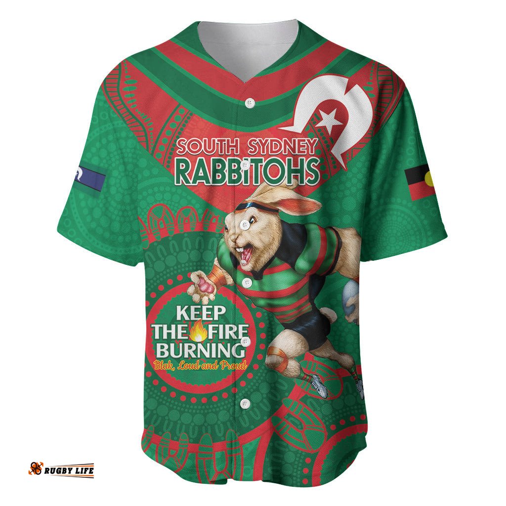 Custom NRL Rabbitohs NAIDOC Week Baseball Jersey Shirt Keep The Fire Burning Indigenous Art