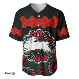 ANZAC NRL Rabbitohs Rugby Baseball Jersey Shirt The Bunnies 1908 Poppy Flowers Mixed Aboriginal