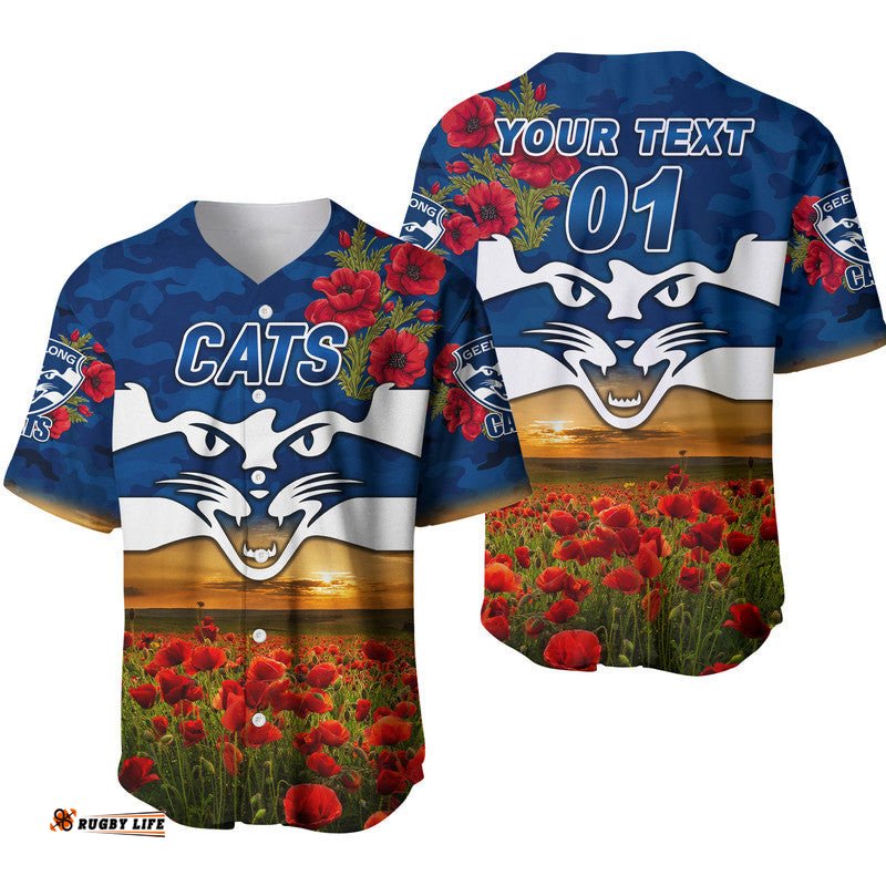 Custom Personalised GeelongCats ANZAC Baseball Jersey Shirt Poppy Vibes