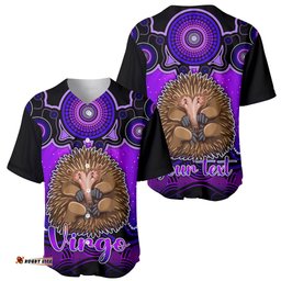 Personalised Australia Virgo Echidna Zodiac Baseball Jersey Shirt Auz Astrology Aboriginal Purple