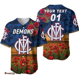 Custom Personalised Melbourne Demons ANZAC Baseball Jersey Shirt Poppy Vibes
