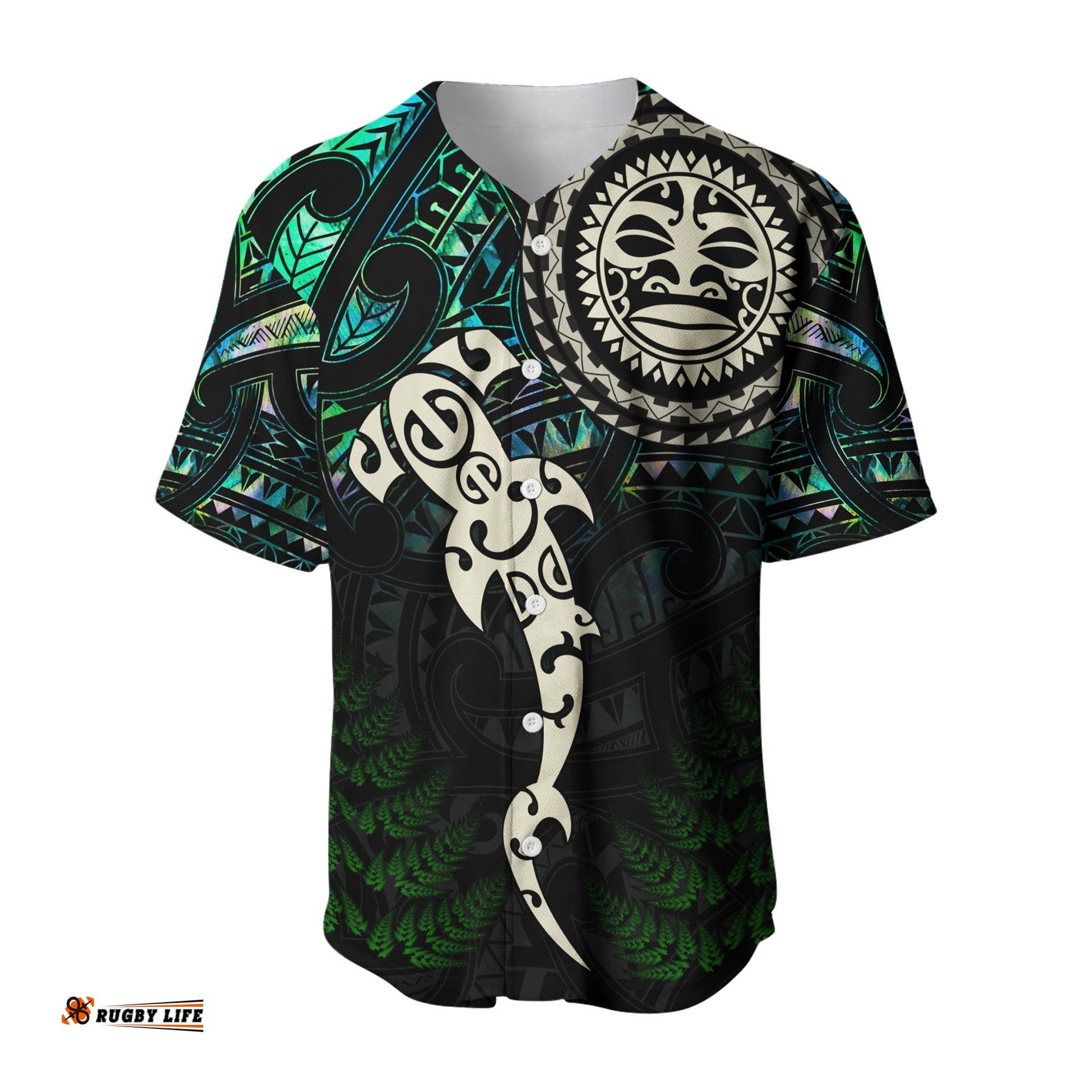 Aotearoa Paua Shell Baseball Jersey Shirt Maori Manaia and Fish