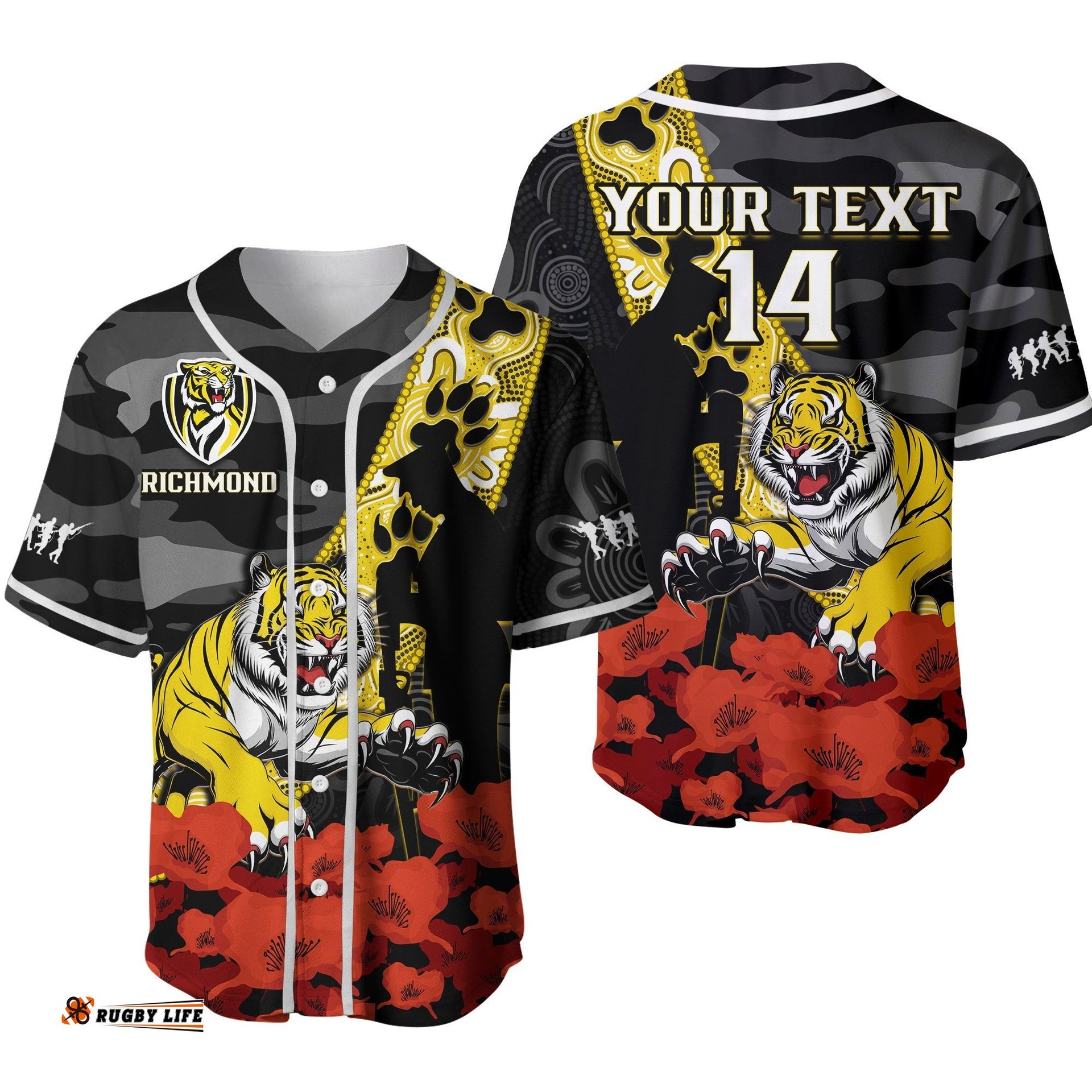 Custom Text And Number Richmond Football ANZAC Baseball Jersey Shirt Tigers Aboriginal Mix Poppy Camouflage Ver.02
