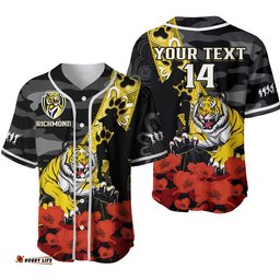 Custom Text And Number Richmond Football ANZAC Baseball Jersey Shirt Tigers Aboriginal Mix Poppy Camouflage Ver.02